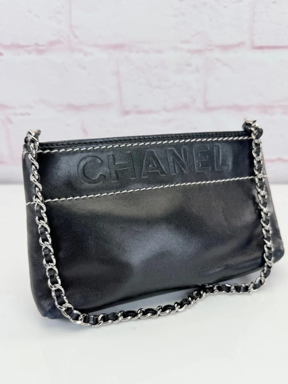 CHANEL LAX Black Leather Chain Shoulder Bag Pochette Embossed Logo